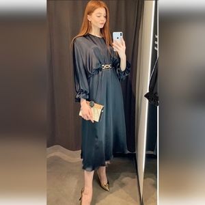 Zara black satiny flowy elastic waist midi dress no belt